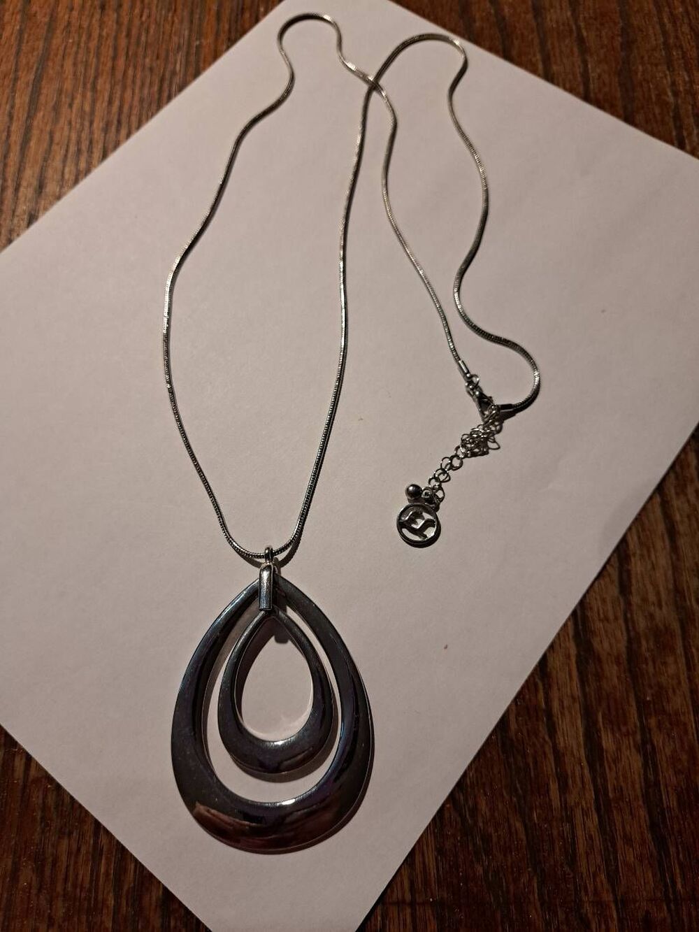 Vintage EL Silver Statement Necklace 36" Snake Chain Double Teardrop Pendant